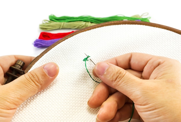 haftująca ręka nad materiałem